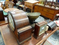 A MANTLE CLOCK, SCALES AND WEIGHTS, BINOCULARS, ETC.