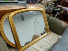 TWO GILT FRAMED MIRRORS AND THREE LARGE FURNISHING PRINTS.