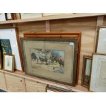 A MODERN PINE FRAMED PRINT AND AN ANTIQUE COACHING SCENE.