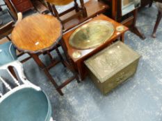 AN ARTS AND CRAFTS OAK AND BRASS INSET COFFEE TABLE, AN OCCASIONAL TABLE, CHEVAL MIRROR AND COAL