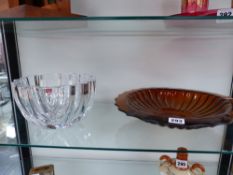 A FLUTED ORREFORS GLASS BOWL TOGETHER WITH AN AMBER GLASS SHALLOW DISH.