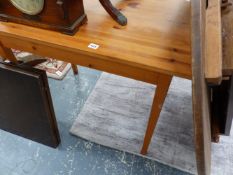 AN OAK EXTENDING BREAKFAST TABLE, A PINE KITCHEN TABLE AND A DROP LEAF COFFEE TABLE.