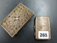 A WHITE METAL CARD CASE TOGETHER WITH A SILVER HALLMARKED CIGARETTE CASE.