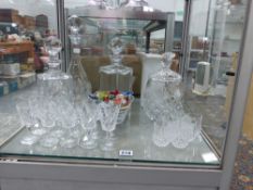 A SELECTION OF GLASSWARE TO INCLUDE DECANTERS, GLASS SWEETS, ETC.