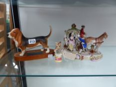 A BESWICK BASSET HOUND AND BESWICK TAILOR OF GLOUCESTER TOGETHER WITH A PORCELAIN FIGURAL GROUP.