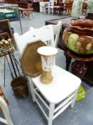 A PAIR OF PAINTED CHAIRS AND A BRASS COMPANION STAND.