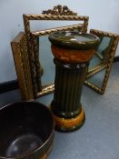 A GILT FRAMED TRIPTYCHE MIRROR AND A POTTERY JARDINIERE ON STAND.