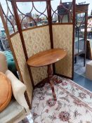 AN EDWARDIAN THREE FOLD SCREEN AND A VICTORIAN TRIPOD TABLE.