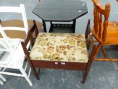 A PIANO STOOL AND AN EBONISED TABLE.