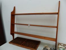 A PINE WALL SHELF AND A PRINTER'S TRAY.