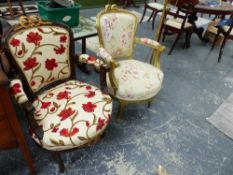 TWO CONTINENTAL STYLE SALON ARMCHAIRS AND AN ART NOUVEAU BEDROOM CHAIR.