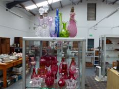 A LARGE SELECTION OF GLASSWARE TO INCLUDE CRANBERRY, CAITHNESS, DECANTERS, ETC.