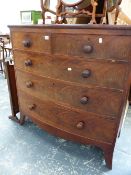 AN EARLY VICTORIAN FLAME MAHOGANY BOW FRONT CHEST OF DRAWERS.