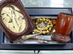 A LEATHER PHOTO FRAME, VARIOUS CUTLERY, A WAX SEAL, ETC.