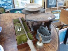 TWO RUSTIC STOOLS, A LEAD TOBACCO BOX,ETC.