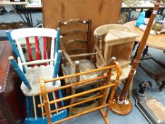 A QTY OF ANTIQUE CHAIRS, A STANDARD LAMP,ETC.