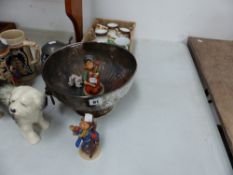 A SILVER PLATED PUNCH BOWL, TWO GOEBELS FIGURES,ETC.