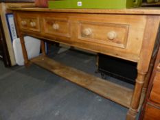 A PINE THREE DRAWERS POT BOARD DRESSER BASE