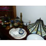 TWO STAINED GLASS LIGHT SHADES, TABLE LAMPS,ETC.