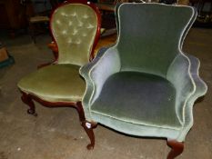 A VICTORIAN BUTTON BACK NURSING CHAIR AND AN ARMCHAIR.