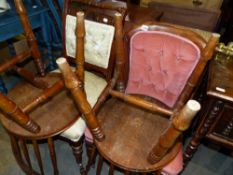 A VICTORIAN NURSING CHAIR AND THREE SIDE CHAIRS.