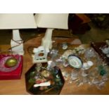 A QTY OF CUT GLASSWARE, TABLE LAMPS,ETC.