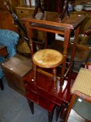 A THREE TIER FOLDING CAKESTAND, NEST OF TABLES, PENWORK STOOL,ETC.