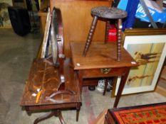 A MAHOGANY OCCASIONAL TABLE, A GEORGIAN TRIPOD TAN;E, A SWING MIRROR AND A STOOL.