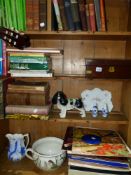 A VICTORIAN WORK BOX, A QTY OF BOOKS, ORNAMENTS AND RECORDS.