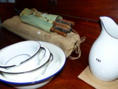 A QTY OF ENAMELWARE, CAMP BED,ETC.