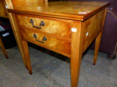 A BESPOKE OAK AND BIRDSEYE MAPLE TWO DRAWER SIDE TABLE.