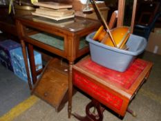 AN INLAID MAHOGANY BIJOUTERIE TABLE AND A DROP LEAF OCCASIONAL TABLE.