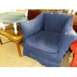 A VINTAGE BLUE UPHOLSTERED ARMCHAIR, A COFFEE TABLE AND A STANDARD LAMP