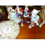 A QTY OF FIGURINES AND TWO VICTORIAN CABINET PLATES.