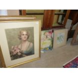 FOUR GILT FRAMED VINTAGE COLOUR PRINTS OF LADIES HOLDING FLOWERS AND THREE OTHER PICTURES BY