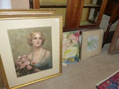 FOUR GILT FRAMED VINTAGE COLOUR PRINTS OF LADIES HOLDING FLOWERS AND THREE OTHER PICTURES BY
