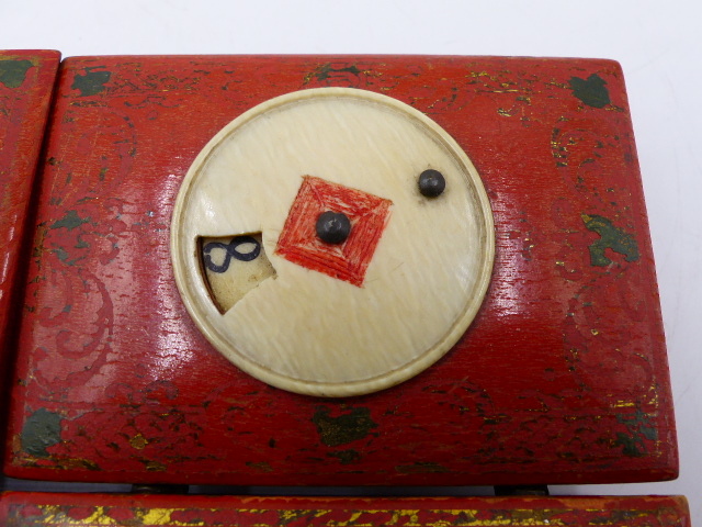 A SET OF FOUR 18th/19th.C.RED LACQUER AND IVORY BRIDGE COUNTERS, TOPS WITH INTEGRAL NUMBER WHEELS - Image 14 of 14