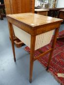 AN INLAID LATE GEORGIAN SATINWOOD WORK TABLE WITH APRON DRAWER/BAG ON SLENDER TAPERED LEGS.