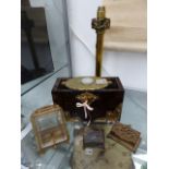 A VICTORIAN COROMANDEL AND BRASS MOUNTED LETTER RACK AND THREE SMALL DESK BOXES TOGETHER WITH A