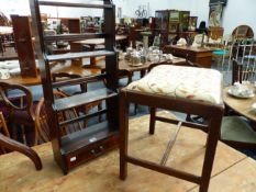 A MAHOGANY GEORGIAN STYLE DRESSING STOOL TOGETHER WITH A SMALL WATERFALL TYPE HANGING SHELF. (2)