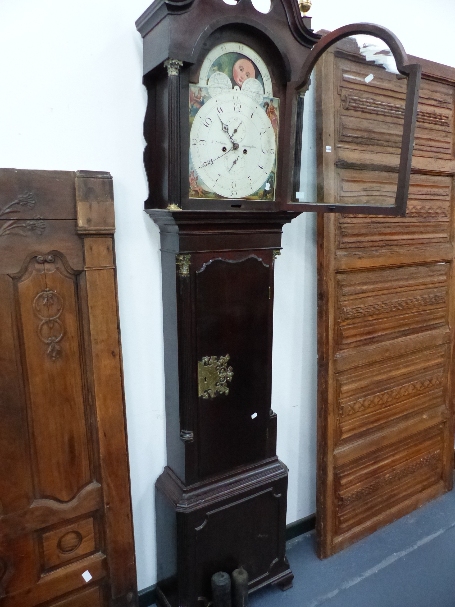 A LATE GEORGIAN OAK CASED EIGHT DAY LONG CASE CLOCK. 13.5" PAINTED ARCH TOP DIAL WITH MOON PHASE AND - Image 3 of 10