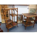 THREE PIECES OF EDWARDIAN BAMBOO FURNITURE, AN ETAGERE, A THREE TIER OCCASIONAL TABLE AND A