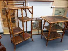 THREE PIECES OF EDWARDIAN BAMBOO FURNITURE, AN ETAGERE, A THREE TIER OCCASIONAL TABLE AND A