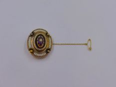 A PRECIOUS YELLOW METAL, TESTED AS 18ct OR HIGHER, ENAMELLED AND PEARL VICTORIAN ETRUSCAN BROOCH. AT