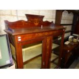 AN EDWARDIAN MAHOGANY AND INLAID DISPLAY CABINET RAISED ON CABRIOLE LEGS. W.107cms.