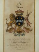 TWO 18th.C.HAND COLOURED ARMORIAL PRINTS, WILLIAM PITT AND EDWARD VISCOUNT WENTWORTH IN BESPOKE