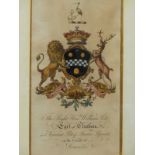 TWO 18th.C.HAND COLOURED ARMORIAL PRINTS, WILLIAM PITT AND EDWARD VISCOUNT WENTWORTH IN BESPOKE