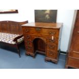 A GEO.III.OAK AND INLAID KNEEHOLE WRITING DESK WITH FALL FRONT. W.93cms.