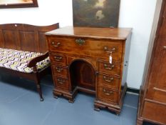 A GEO.III.OAK AND INLAID KNEEHOLE WRITING DESK WITH FALL FRONT. W.93cms.