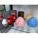 A VINTAGE CLOCKWORK TOY, THE DANCING FIGURES AND VARIOUS MONEY BOXES TOGETHER WITH A QUANTITY OF